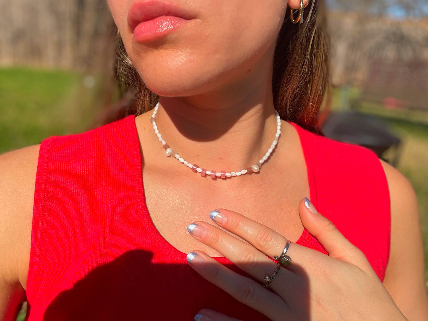 STRAWBERRY QUARTZ & PEARL - NECKLACE