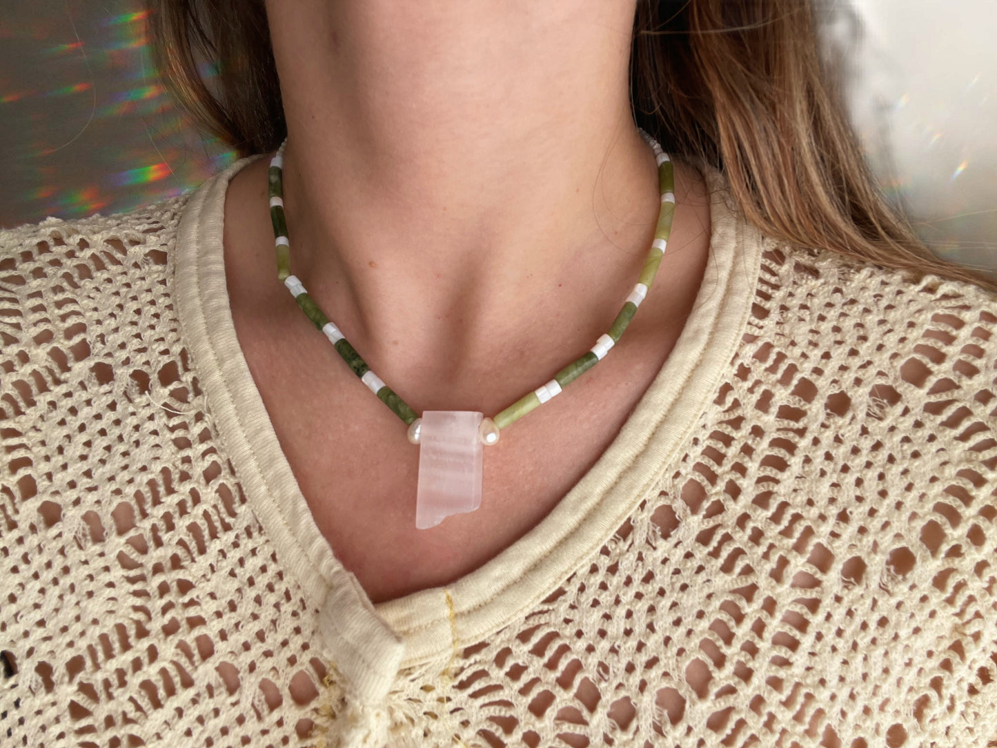 LUNAR SERENITY (PEACH CALCITE & SOUTH JADE) - NECKLACE