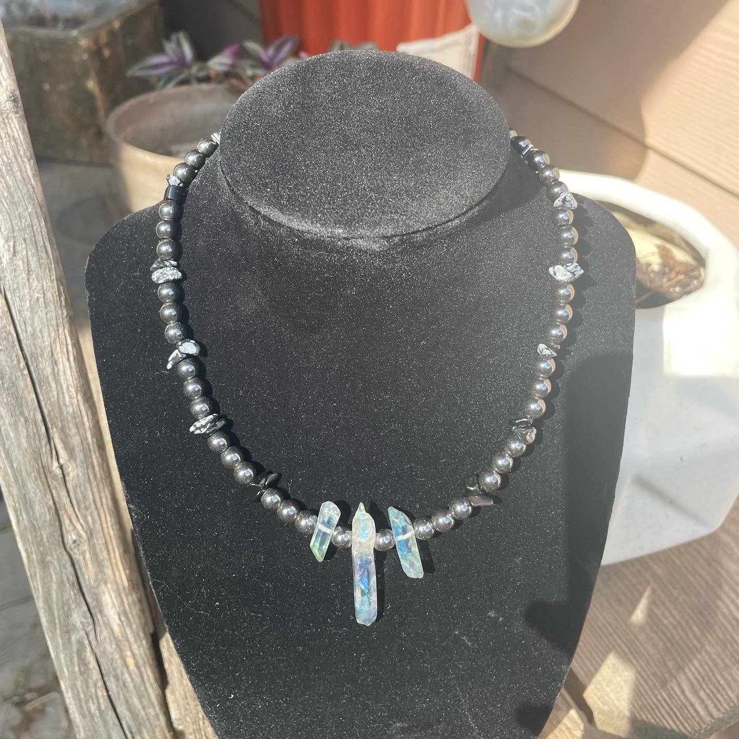 HEMATITE, SNOWFLAKE OBSIDIAN & QUARTZ - NECKLACE