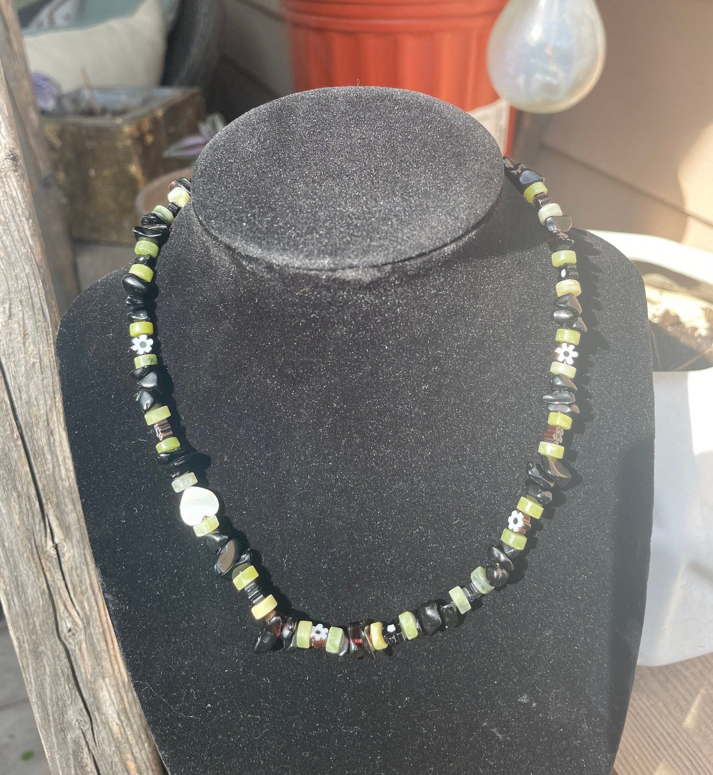 SOUTH JADE, BLACK OBSIDIAN, & PEARL - NECKLACE